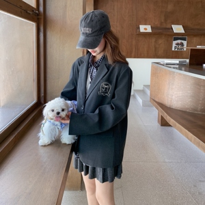 学院风深灰色短款西装外套女春秋高级小众超火好看独特漂亮小西服图片