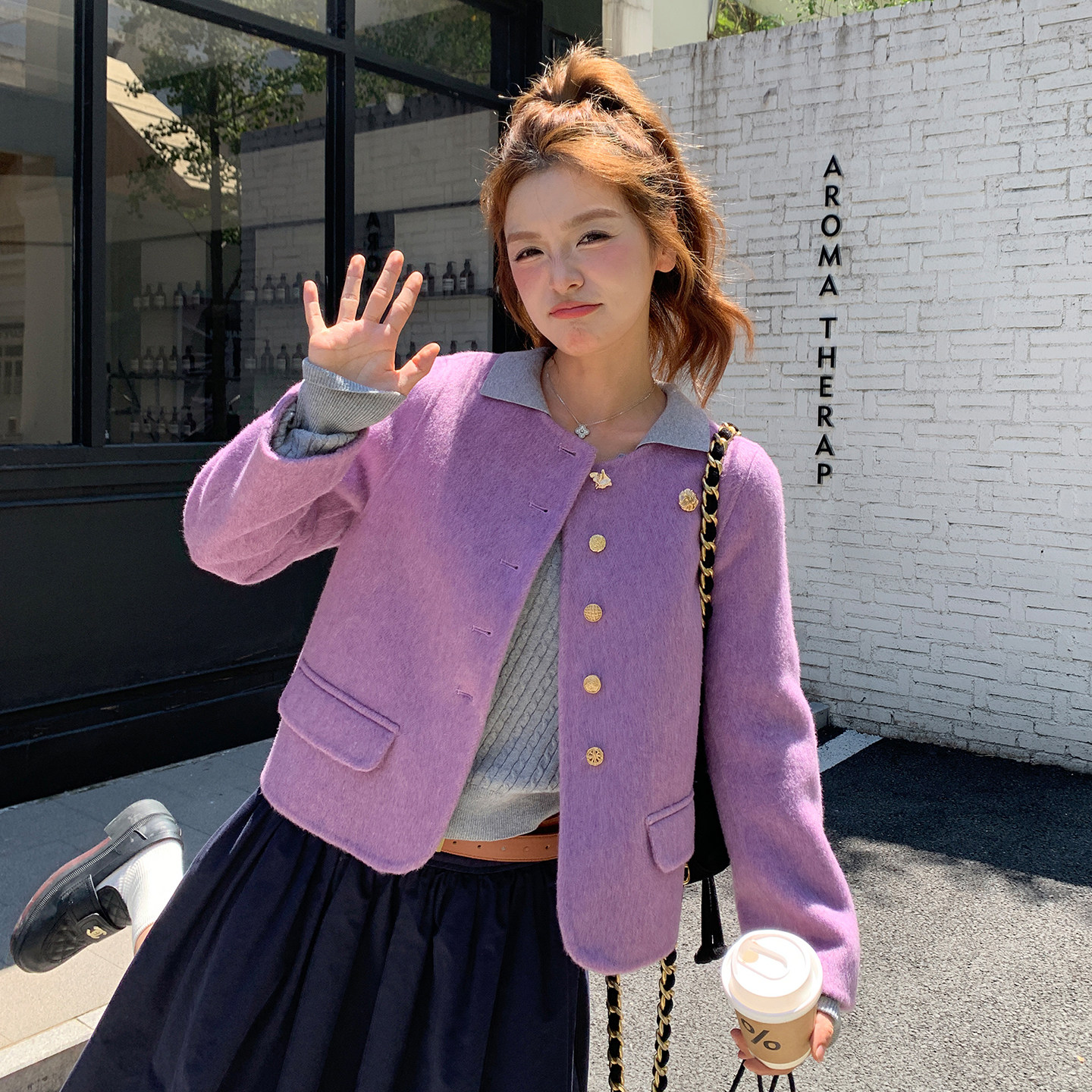 韩系chic紫色小香风双面呢短外套女秋冬超火好看高级小众宽松大衣,女装短外套,世纪海洋