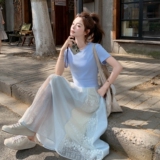 假两件针织蕾丝拼接连衣裙女夏2025新款特别漂亮掐腰裙子绝美洋气，女装连衣裙，世纪海洋