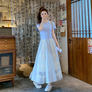 假两件针织蕾丝拼接连衣裙女夏2025新款特别漂亮掐腰裙子绝美洋气图片