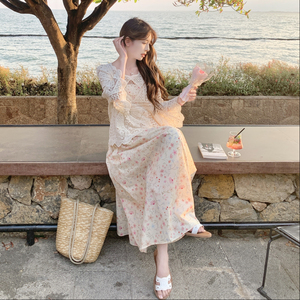 【下架】镂空钩花罩衫碎花吊带连衣裙两件套155-8576-P155K230,女生服装搭配推荐图片