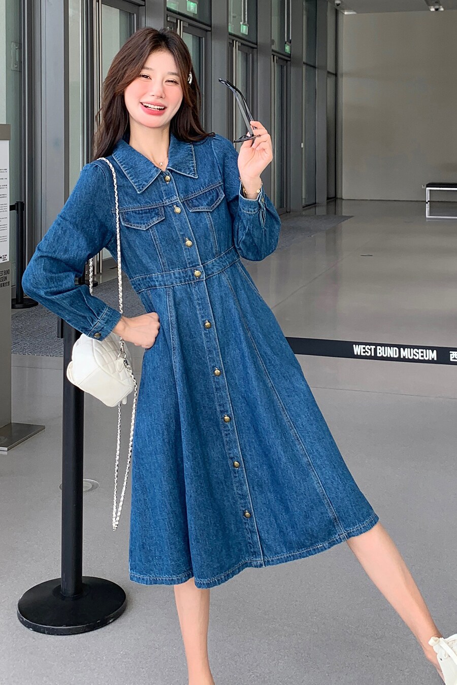 蓝色复古牛仔长袖连衣裙女春2025新款韩系收腰显瘦法式气质A字裙,商品下架区,世纪海洋
