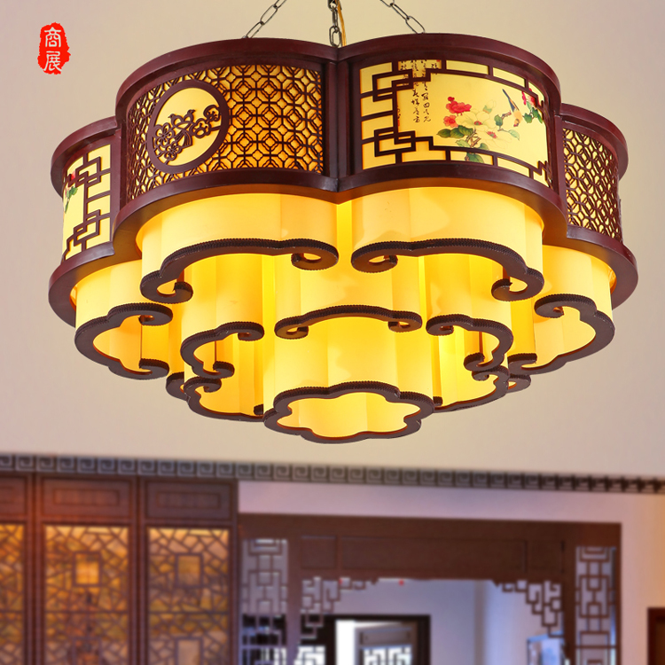 中式木艺吊灯新古典客厅火锅店复古羊皮灯酒店大厅餐厅定制灯具