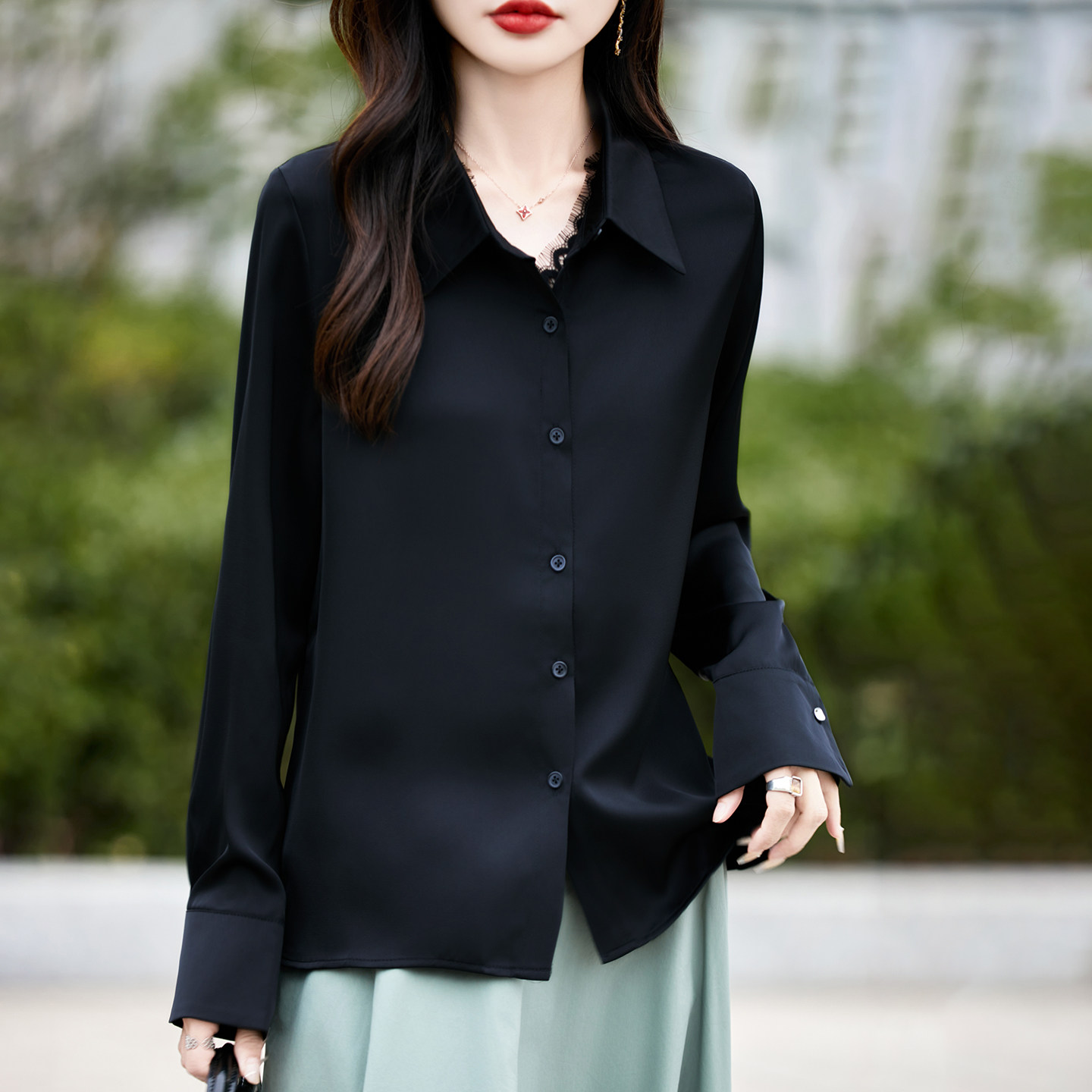 轻奢风蕾丝边POLO领套头假两件衬衫女长袖通勤宽松减龄洋气上衣