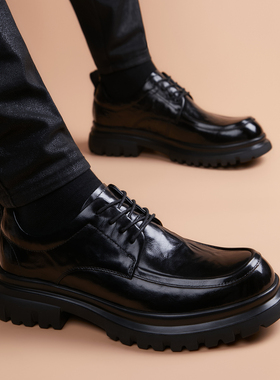 牛皮男士秋冬季商务正装皮鞋男款真皮英伦风休闲厚底内增高德比鞋