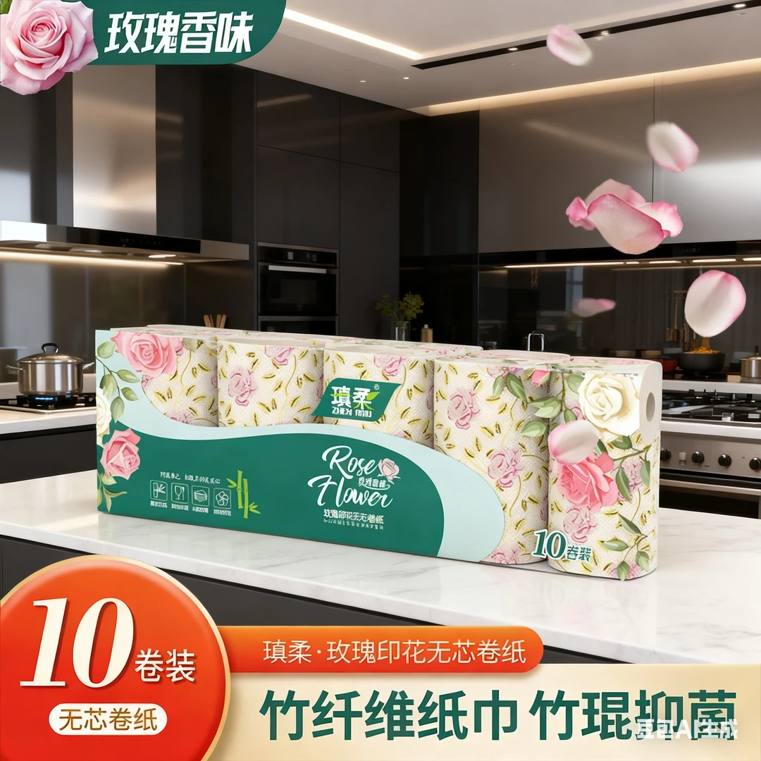 玫瑰香味竹纤维无芯卷纸10卷装有芯卷纸