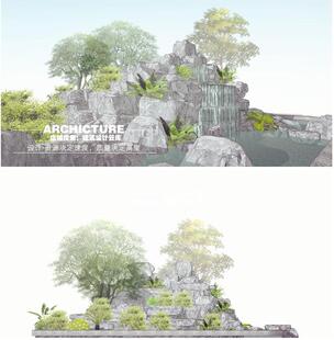 中式/叠石/造景/园林小景观/水池/跌水/景观石/植物设计/su模型