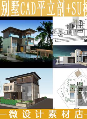 4套美式风格别墅建筑外观设计CAD施工图+SU草图模型设计参考资料