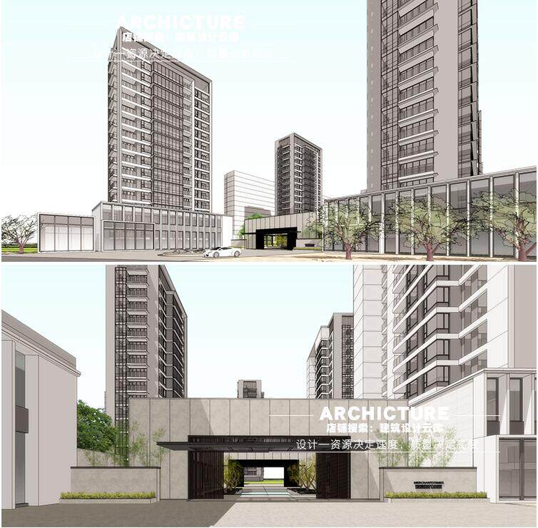 新中式风格高层住宅小区主入口人行出入口su模型