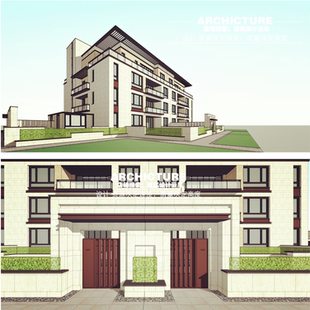 新亚洲/中式/偏现代/社区花园洋房/低层住宅建筑庭院设计/su模型