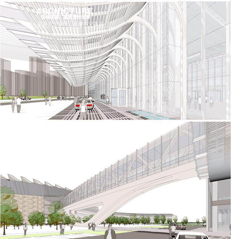 现代/高层/板式/办公楼/会展中心/弧形雨棚/玻璃幕墙/建筑/su模型