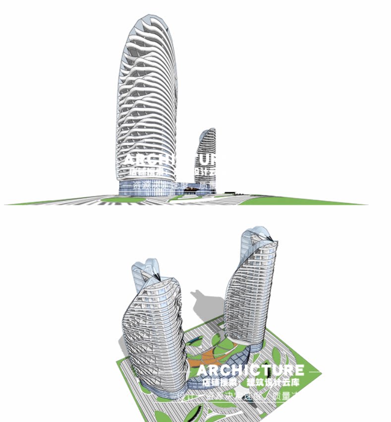 现代高层异形波浪海浪弧形阳台城市商业综合体办公公寓酒店su模型