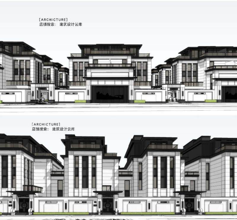 新中式风格三层/四层/合院联排别墅住宅su模型草图大师