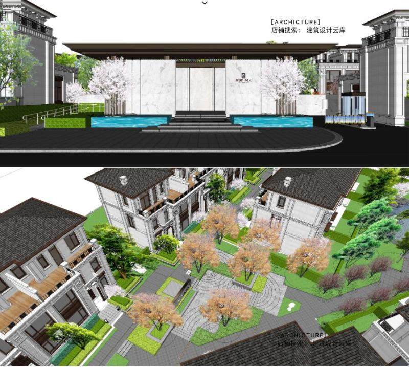 新中式风格低层别墅区景观园林庭院主入口设计su模型