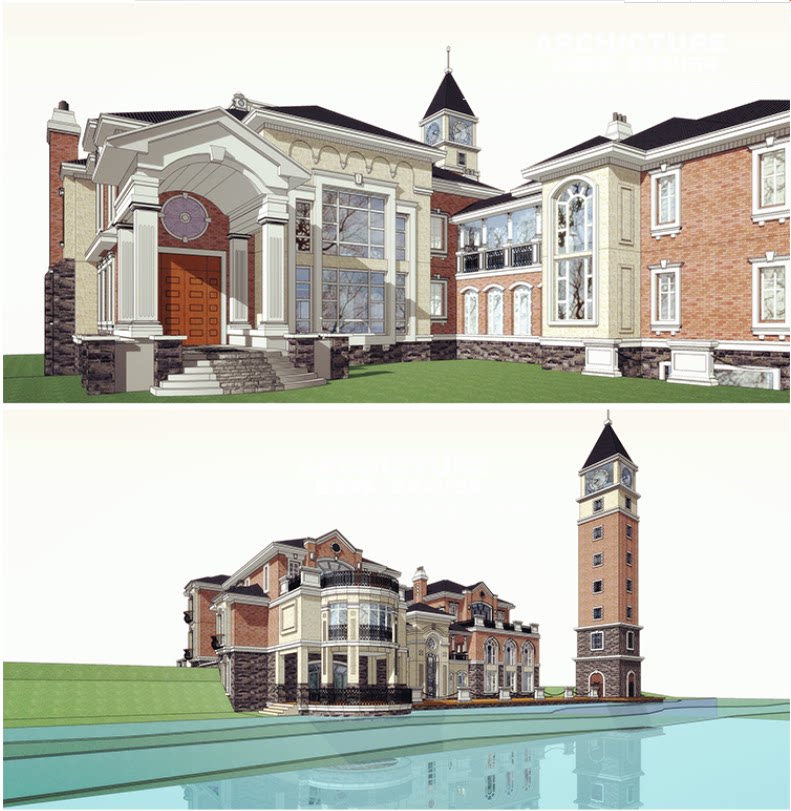 英式乡村风情红砖独栋亲水花园别墅 标志塔建筑su模型草图大师