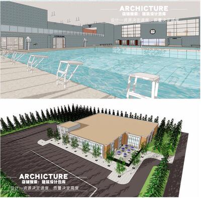 国外现代单层带夹层游泳馆/健身房/茶座/体育锻炼场馆建筑/su模型