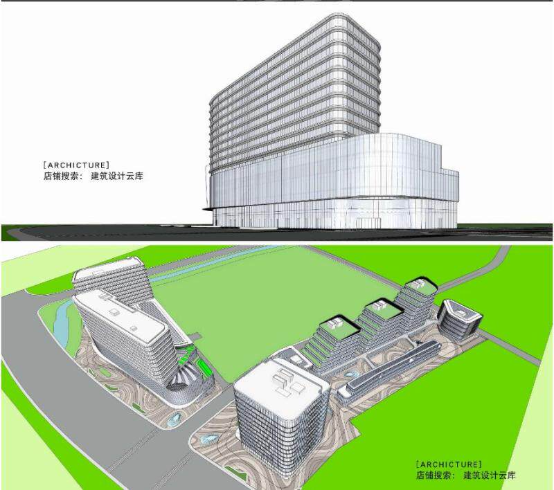 城市三角地带商业广场办公楼横线条幕墙综合体su模型