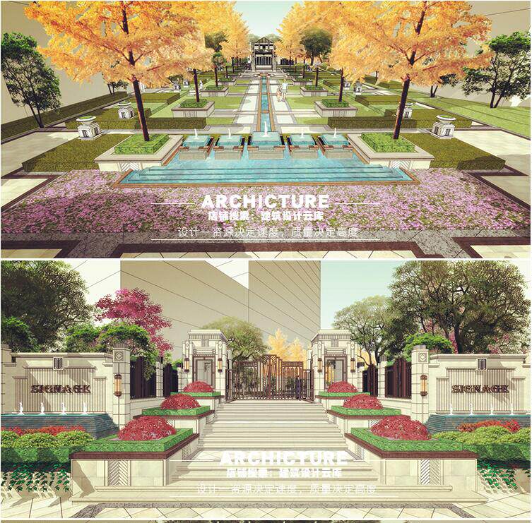 欧式古典/对称居住区大门主入口/门卫围墙台阶树池/景观规划/铺地