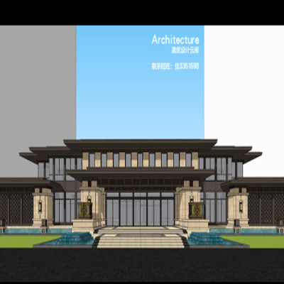 新中式仿古典风格豪宅销售中心入口大门售楼部建筑设计SU模型_虎窝淘