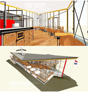 室内工装 国外现代 餐饮建筑 折屋面西餐厅 su模型 室外酒吧桌