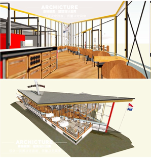 su模型 室外酒吧桌 室内工装 餐饮建筑 国外现代 折屋面西餐厅