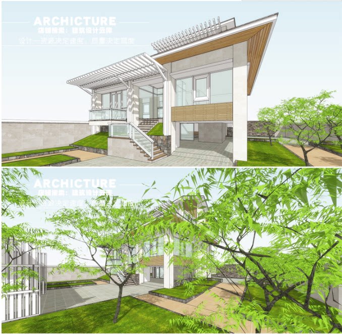 现代田园风格独栋带庭院绿化别墅住宅建筑su模型草图大师
