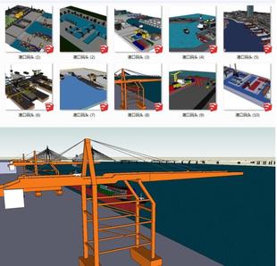 现代港口货运码头SU模型龙门吊游轮船舶港湾sketchup草图大师模型