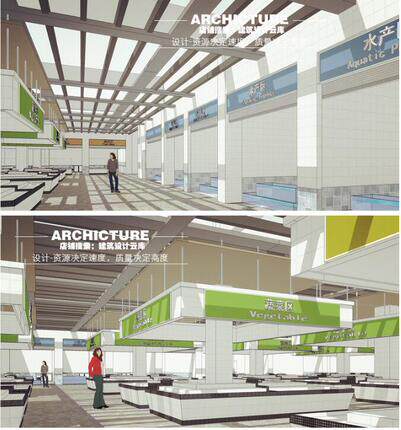 大型农贸市场集市/菜肉市场/室内摊位摊档空间设计su模型草图大师