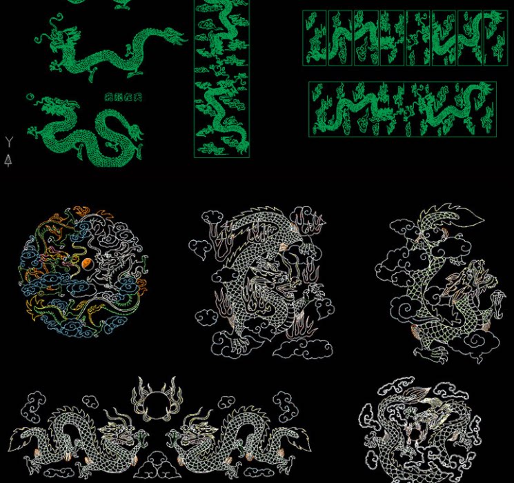 多款常用水刀拼花飞龙/双龙戏珠龙形图案花纹cad图集