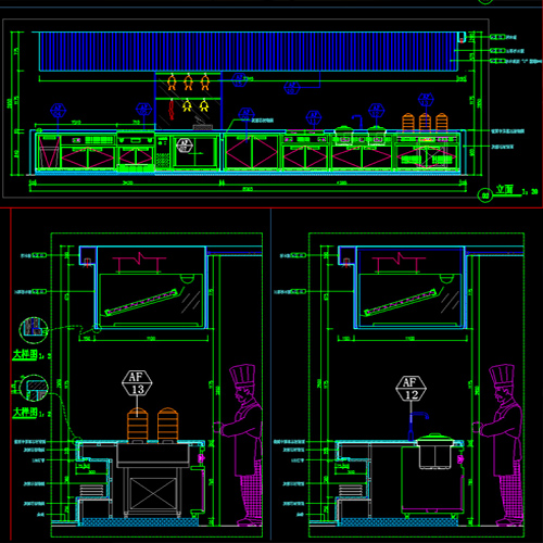 现代餐饮空间厨房CAD施工图+平面布置+立面+剖面图参考资料