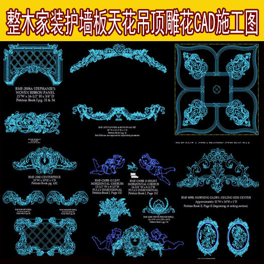 国外欧/法式整木家装护墙板天花吊顶雕花CAD施工图参考资料