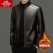 加绒加厚立领皮夹克中老年爸爸冬装 中年男士 皮衣秋冬季 防真皮外套