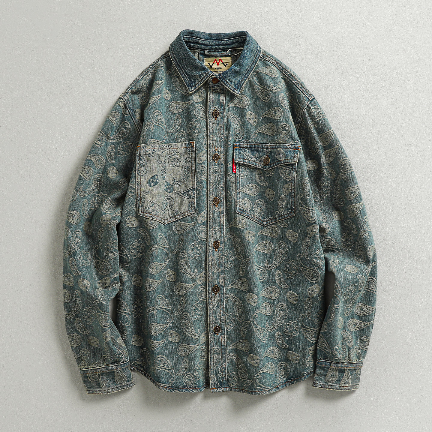 色织腰果花美式复古潮流男士牛仔长袖衬衫 工装口袋高街潮流衬衣