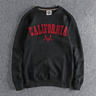 贴布刺绣字母图案复古潮流美式圆领卫衣男水洗毛圈舒适宽松套头衣