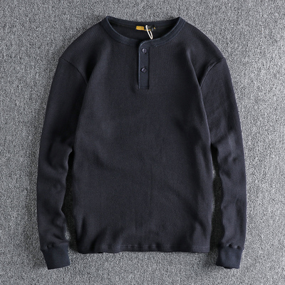 硬汉风针织华夫格面料亨利领长袖