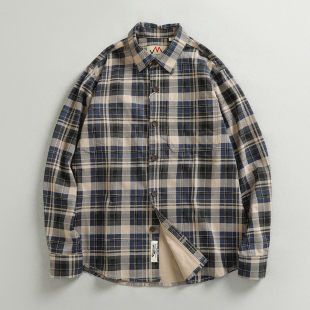 简约口袋美式 男 休闲衬衣外套 衬衫 重磅厚实水洗做旧潮流格子长袖