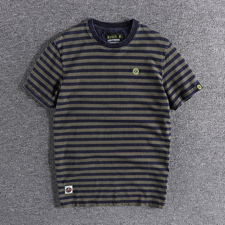 拼接欧美做旧条纹圆领短袖T恤