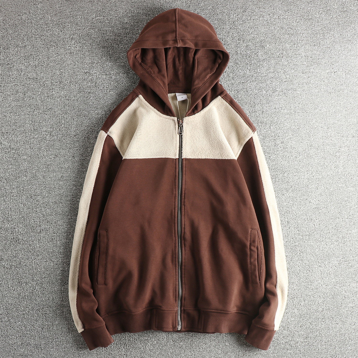 抗寒保暖 加绒加厚设计感拼接连帽开衫卫衣男装欧美潮流休闲外套