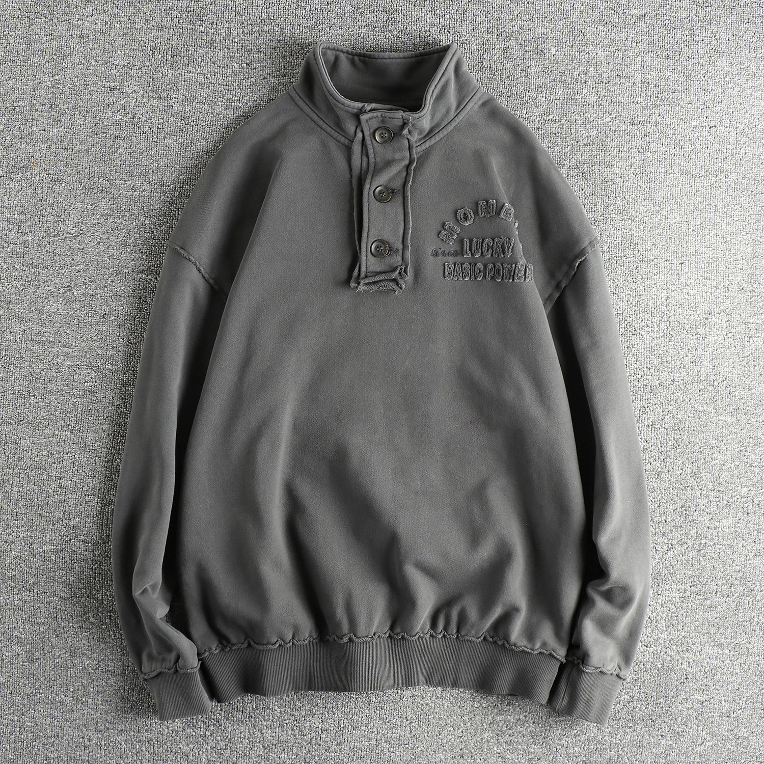 美式复古贴布字母图案半开立领男款卫衣 重磅毛圈棉潮流休闲上衣