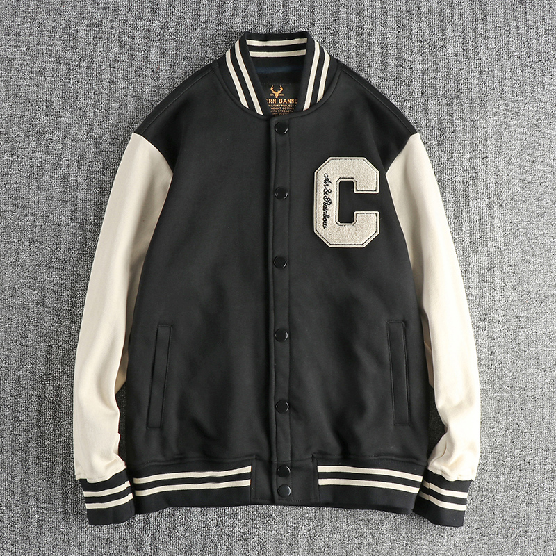 美式休闲潮流植绒刺绣大字母棒球夹克男水洗牛肚毛圈宽松百搭外套