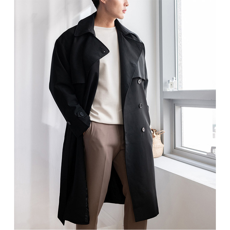 宽松风衣男长款秋季韩版潮流英伦风帅气过膝男士卡其色大衣外套