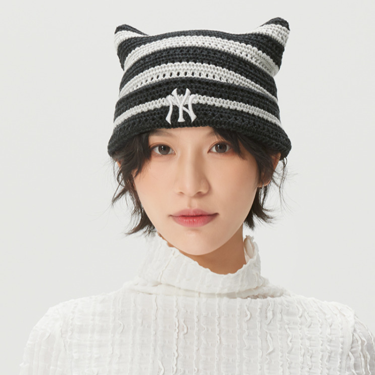 MLB正品新款四季男女同款猫耳时尚条纹百搭运动绒线帽3ABNB0363