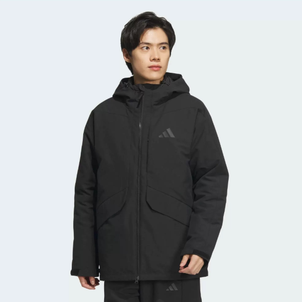 Adidas阿迪达斯正品新款冬季男款通勤印花连帽羽绒冲锋衣JY4215