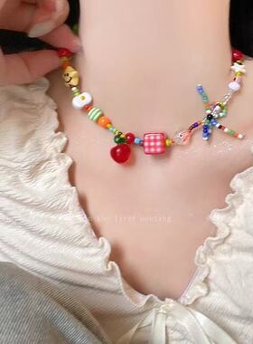 多巴胺彩色串珠卡通吊坠项链女