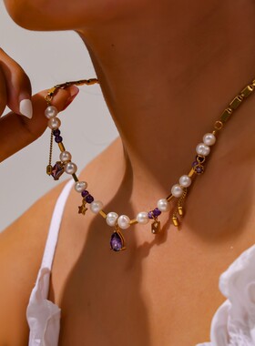 几何天然石珍珠钛钢吊坠项链