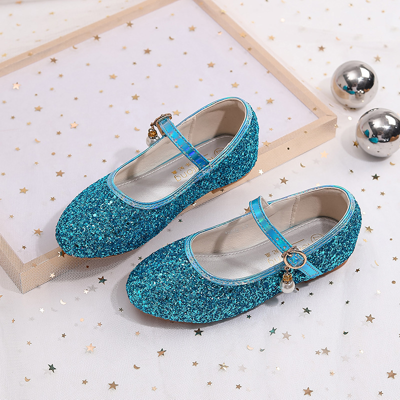 3-5-8-10岁女孩大童ins款女儿童蓝色亮片水晶皮鞋珍珠配饰公主鞋