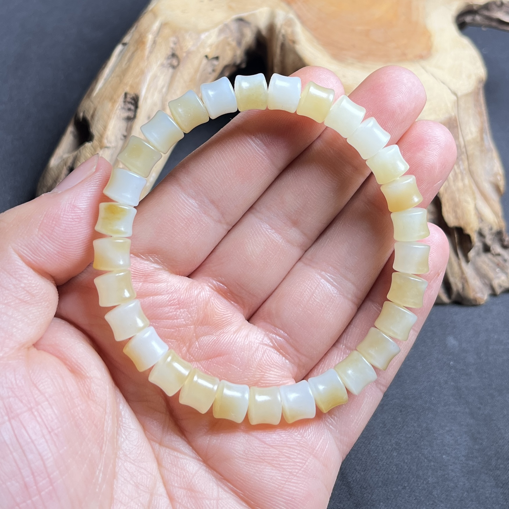和田玉糖白玉竹节直切手串手链8*7mm