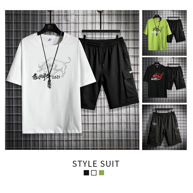 夏季短袖T恤男套装潮流短裤五分裤套装男A210-TZ6861-P55图片