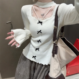 打底毛衣女内搭 纯欲温柔方领镂空挂脖木耳边针织衫 法式 别致秋冬季