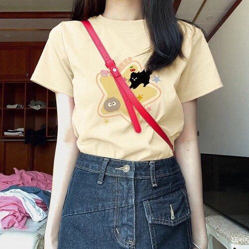 奶杏色印花短袖T恤女显瘦小个子